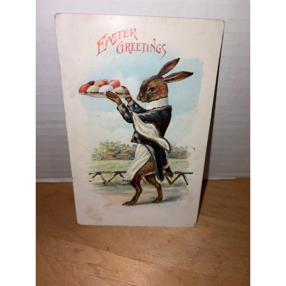 Title: Vintage Anthropomorphic Rabbit Server Easter Postcard